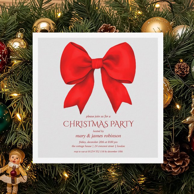 Invitation Soirée de Noël Elégante Bow Rouge (Elegant Red Bow Christmas Holiday Party Invitation)