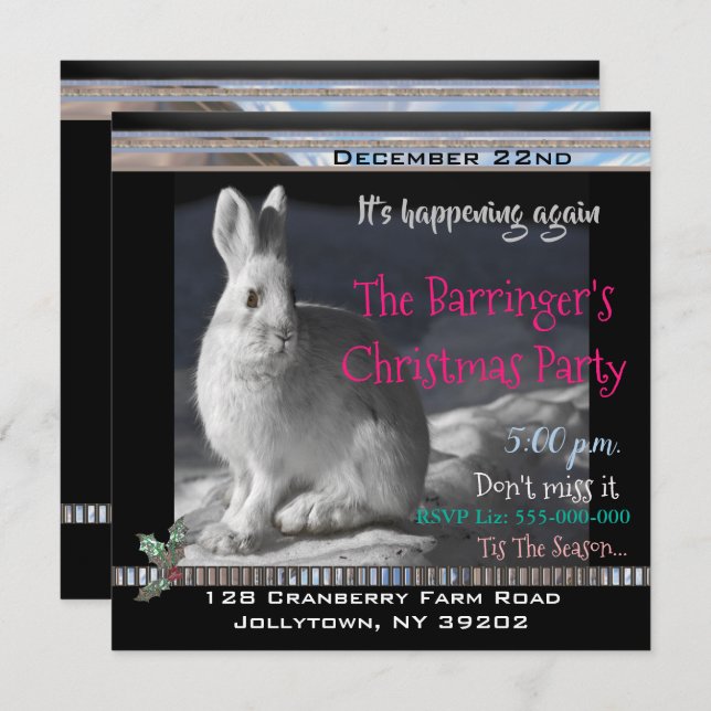 Invitation Soirée de Noël Elégante Bunny Snowy (Devant / Derrière)