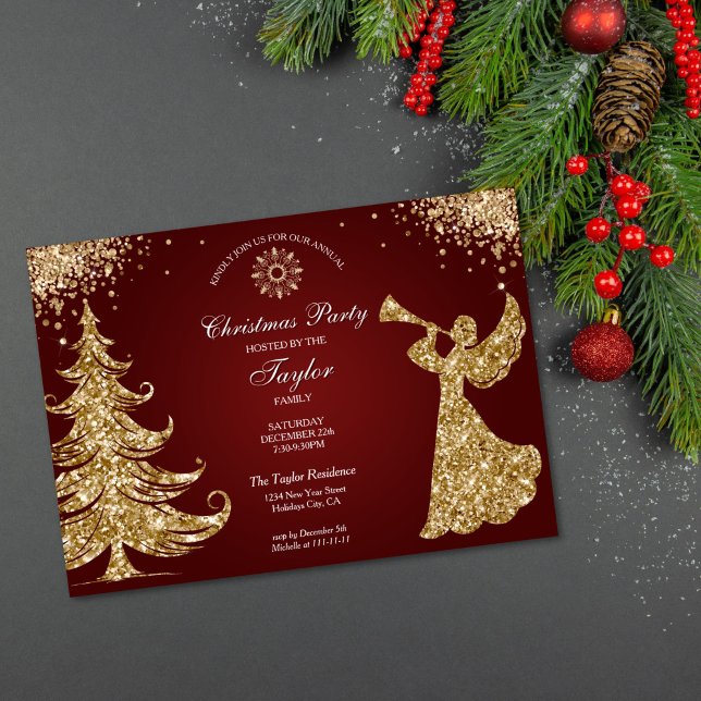 Invitation Soirée de Noël élégante classique avec ange (gold glitter trumpet angel Christmas party invitation with red background)