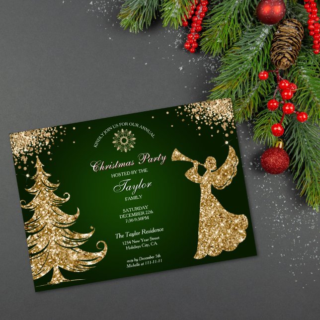Invitation Soirée de Noël élégante classique avec ange (gold glitter trumpet angel Christmas party invitation with green background)