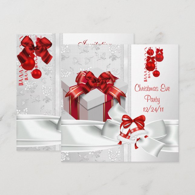Invitation Soirée de Noël Élégante Dentelle Ruban Blanc Rouge (Devant / Derrière)