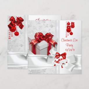 Invitation Soirée de Noël Élégante Dentelle Ruban Blanc Rouge