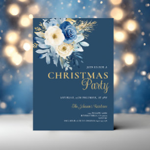 Invitation Soirée de Noël élégante Fleurs blanches et bleues