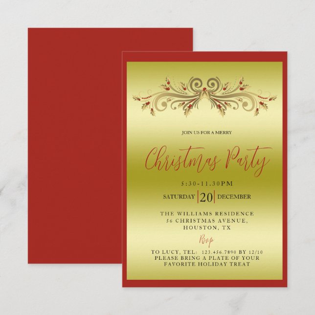 Invitation Soirée de Noël élégante Gold & Red (Devant / Derrière)