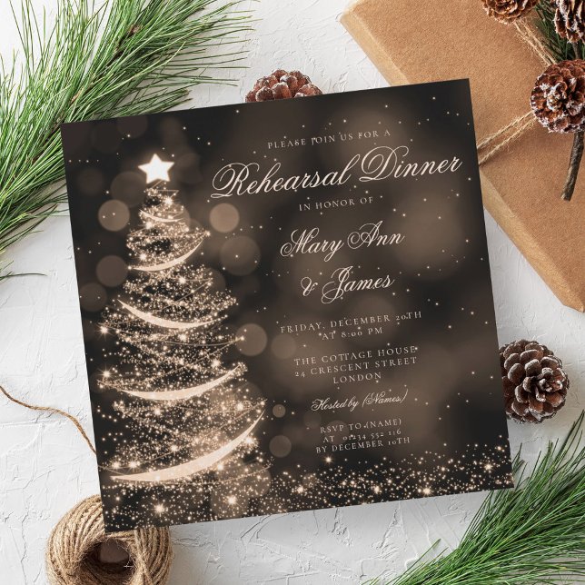 Invitation Soirée de Noël Elégante Noir & Or (Elegant Black & Gold Christmas Rehearsal Dinner Invitation)