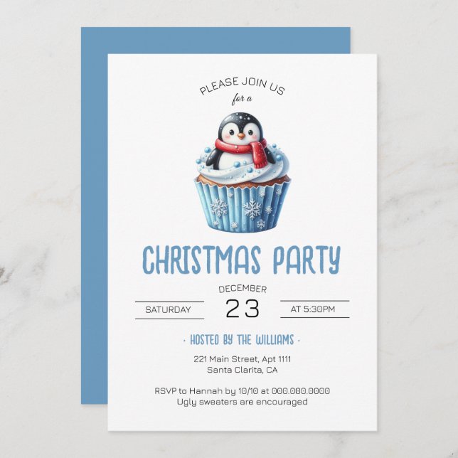 Invitation Soirée de Noël en bleu Pingin (Devant / Derrière)