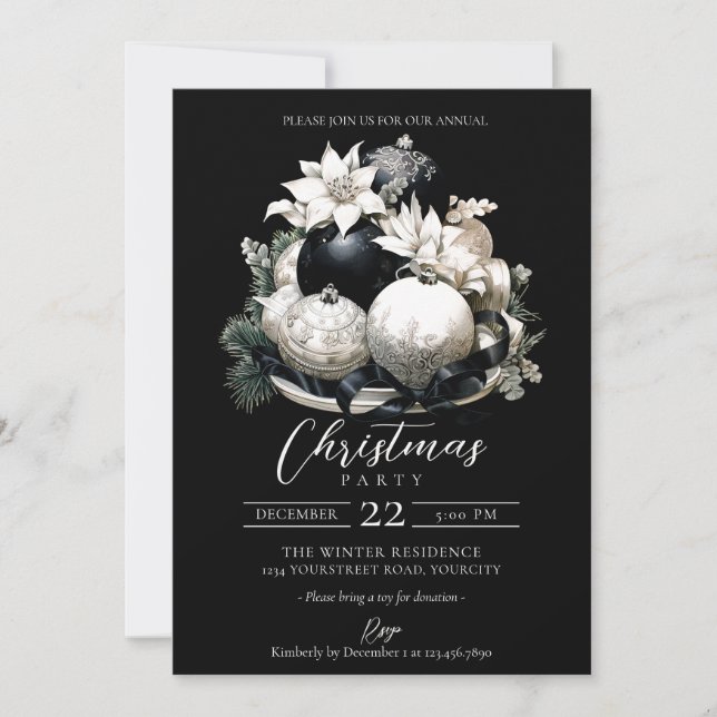 Invitation Soirée de Noël en ivoire noir et blanc (Devant)