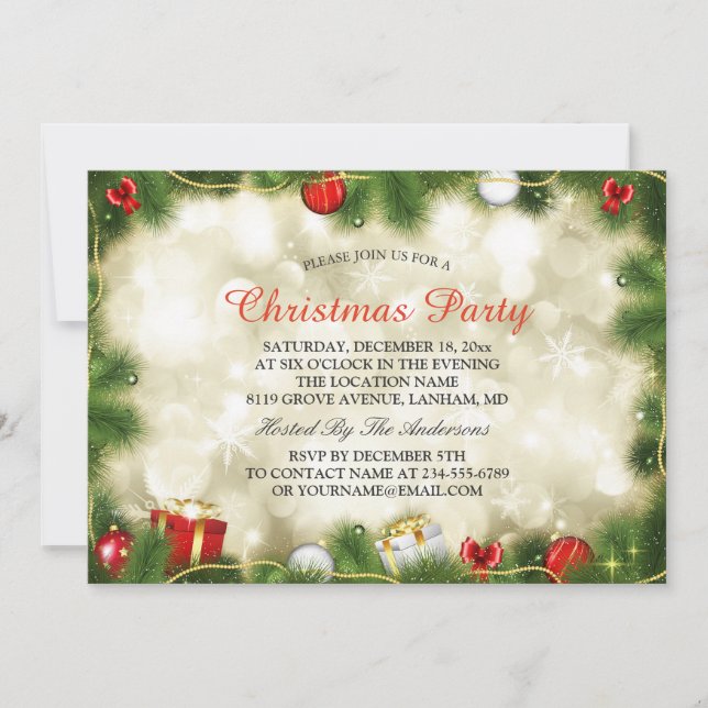 Invitation Soirée de Noël en or rouge Baubles (Devant)