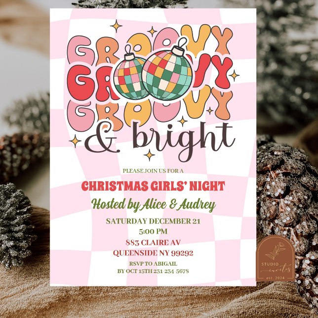 Invitation Soirée de Noël Filles Rétro Groovy (Créateur téléchargé)