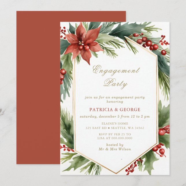 Invitation Soirée de Noël Florale d'or vert (Devant / Derrière)