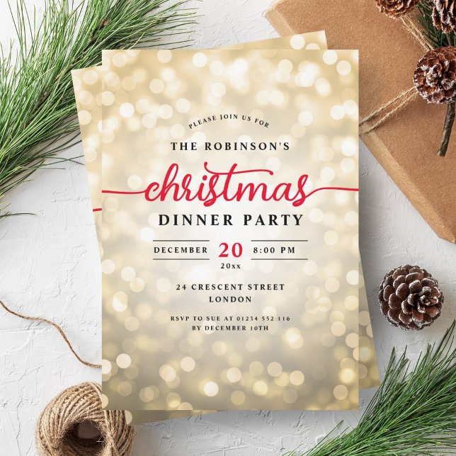 Invitation Soirée de Noël Glamour or (Glamorous Gold Lights Christmas Dinner Party Invitation)