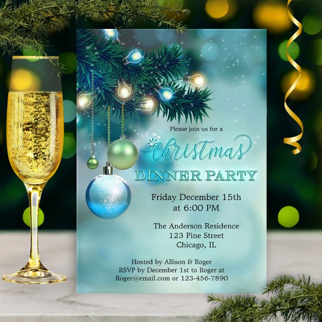 Invitation Soirée de Noël illuminée (Christmas invitation featuring a teal turquoise design with sparkling lights, baubles and pine twigs)