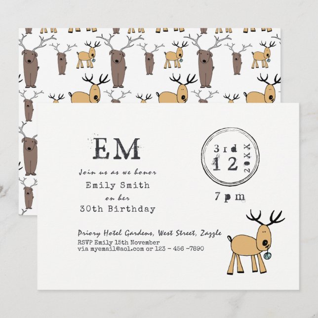 Invitation Soirée de Noël irrégulière - Reindeer Doodle Types (Devant / Derrière)