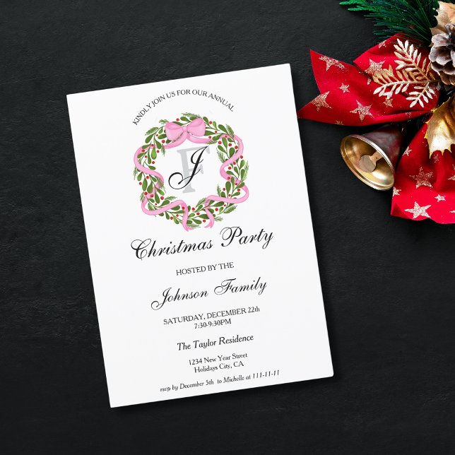 Invitation Soirée de Noël Monogram Pink Ribbon (christmas wreath with pink bow ribbon)