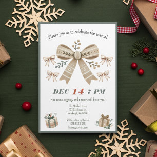 Invitation Soirée de Noël Neutre Boho Coquette Bow