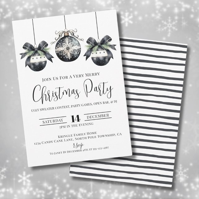 Invitation Soirée de Noël noir blanc élégant (Elegant Simple Black White Christmas Party Invitation)