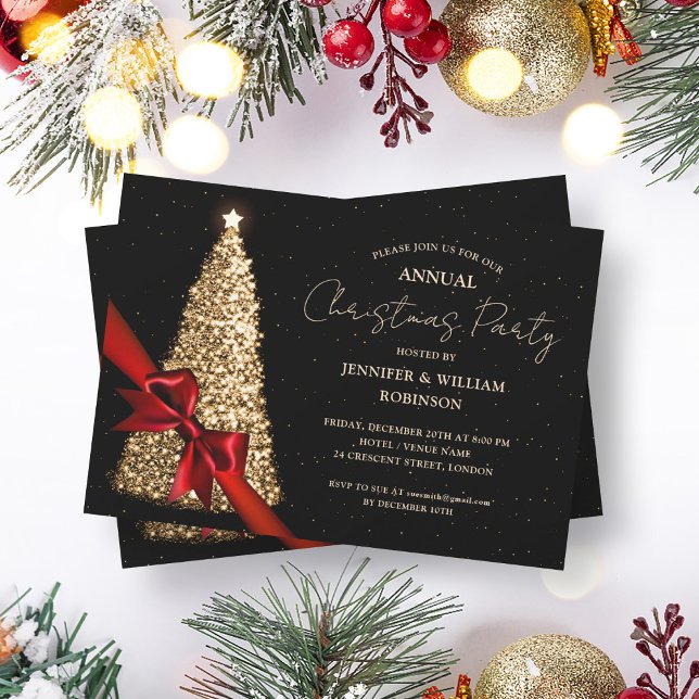 Invitation Soirée de Noël Noir Or Elégant Arbre Ruban (Elegant Gold Black Xmas Tree Ribbon Holiday Party Invitation)