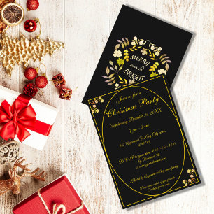 Invitation Soirée de Noël Noir Or Unique Joyeux et brillant