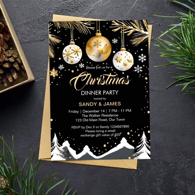 Invitation Soirée de Noël or et baubles noirs (Christmas dinner party chic elegant template invitation gold and black Christmas invitation)