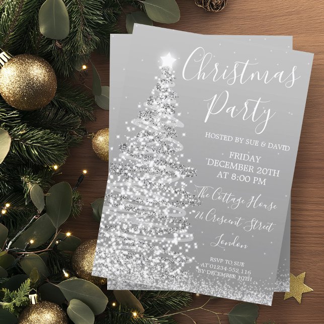 Invitation Soirée de Noël Parties scintillant Arbre Argent él (Elegant Silver Glitter Tree Christmas Party Invitation)