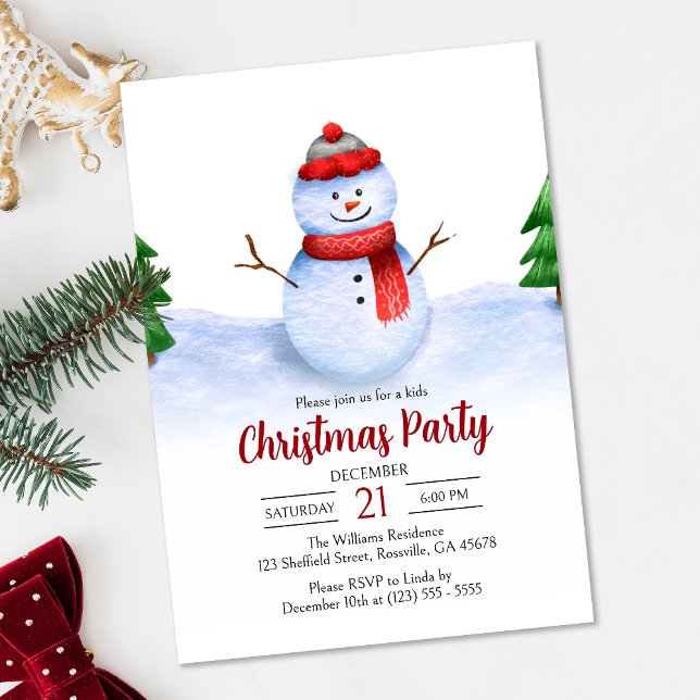 Invitation Soirée de Noël pour les enfants de Snowman (Infuse your kids' Christmas party invitation with a dash of holiday magic with this adorable design.)