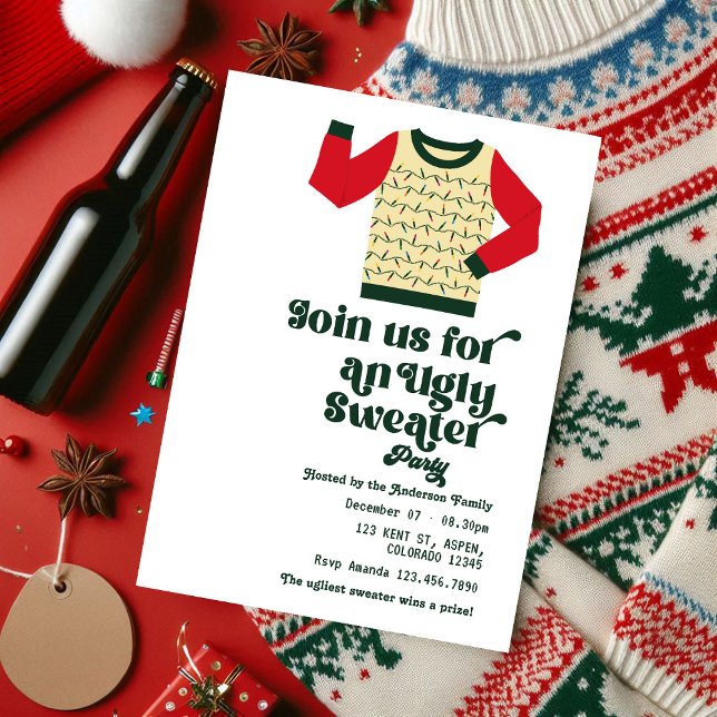 Invitation Soirée de Noël rétro Ugly Sweat (Retro Ugly Sweater Christmas Party Invitation)