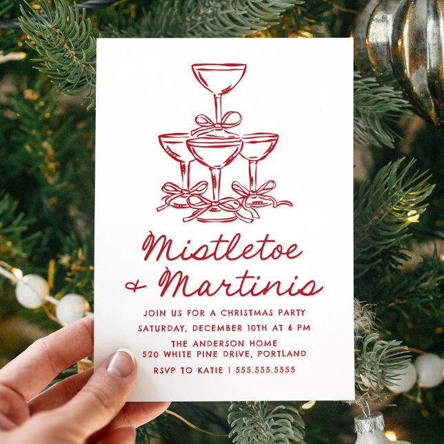 Invitation Soirée de Noël Rouge Élégante Gui et Martinis (Créateur téléchargé)
