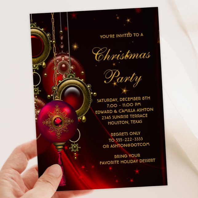 Invitation Soirée de Noël Rouge Or élégant (Beautiful red gold ornaments Christmas party invitation. Available for instant download and print.)