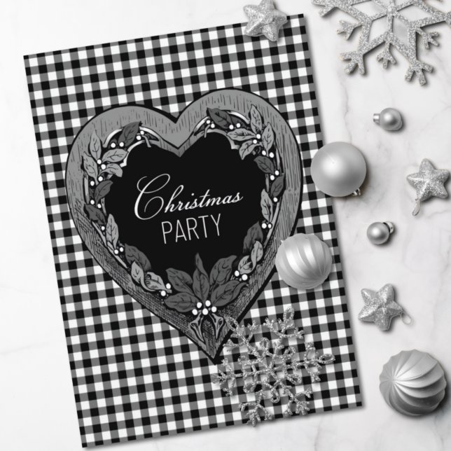 Invitation Soirée de Noël Rustique Noir Blanc Coeur (Créateur téléchargé)