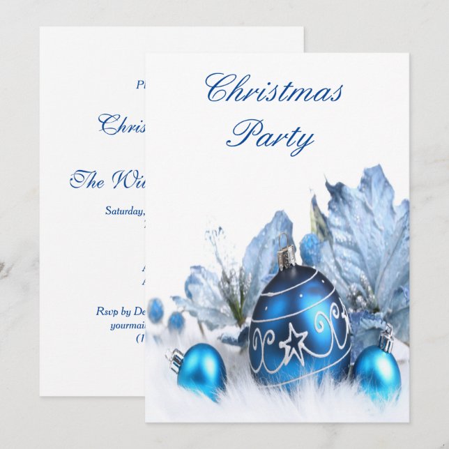 Invitation Soirée de Noël stylée Bleu & Argent (Devant / Derrière)