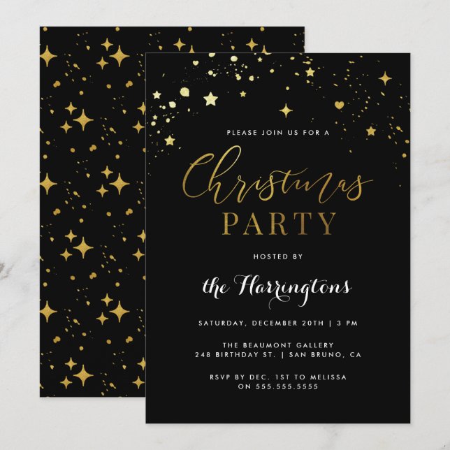 Invitation Soirée de Noël tendance Black & Gold Star Confetti (Devant / Derrière)