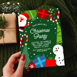 Invitation Soirée de Noël Vert Cute Père Noël & Snowman<br><div class="desc">Invités Invitations à votre fête de Noël avec cette mignonne invitation de vacances vertes avec le Père Noël,  bonhomme de neige,  cadeaux,  sucres de canne,  arbres de Noël,  ornements,  cadre enneigé et un joli motif à l'arrière.</div>