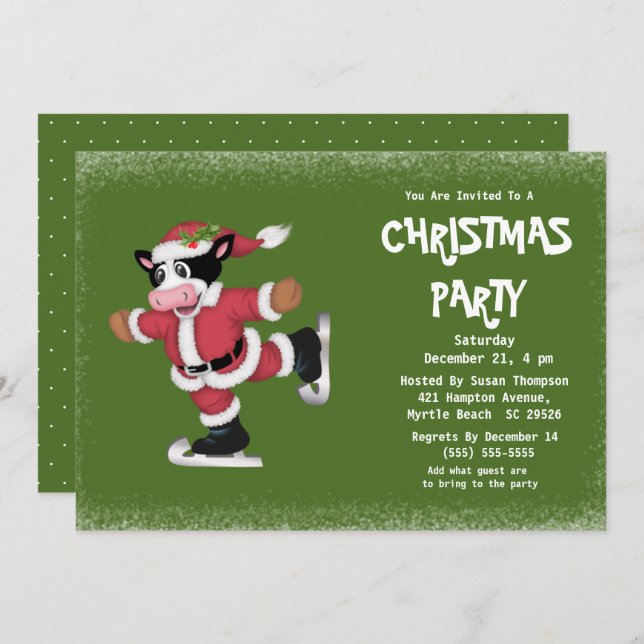 Invitation Soirée de Noël verte Vache de patinage sur glace (Devant / Derrière)
