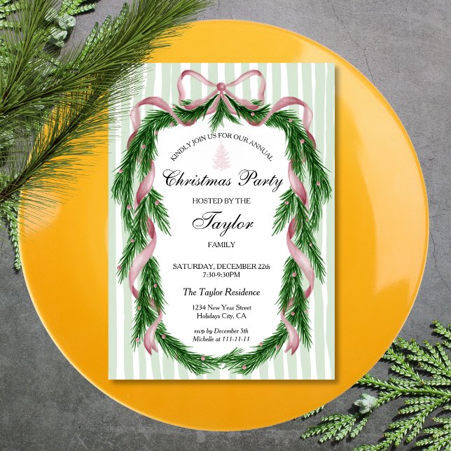 Invitation Soirée de Noël vintage rose Ruban (vintage christmas wreath with pink ribbon and bow on the striped background dinner invitation)