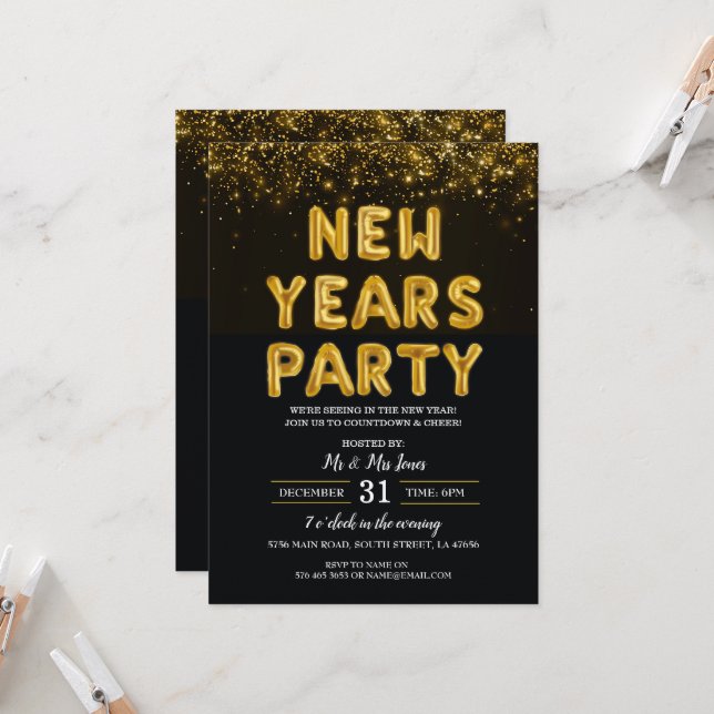 Invitation Soirée de Nouvel An Noir et Or (Devant/Arrière en situation)