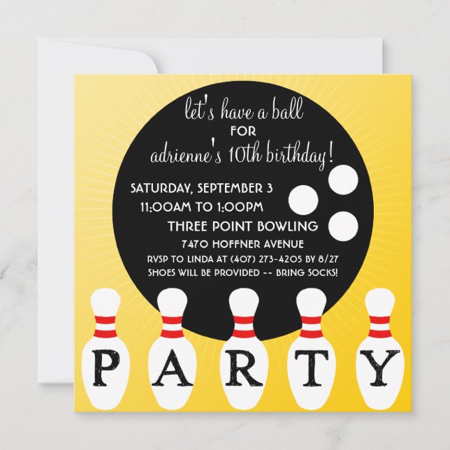Invitation Soirée de Pin Jaune Soleil Bowl Anniversaire (Devant)