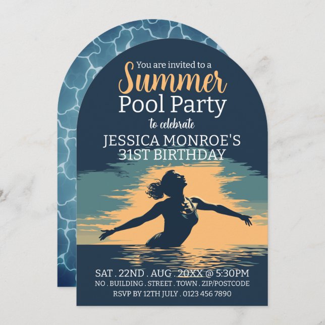 Invitation Soirée de piscine élégante et élégante Anniversair (Devant / Derrière)