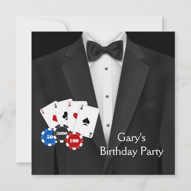 Invitation Soirée de poker d'anniversaire en smoking noir (Devant)