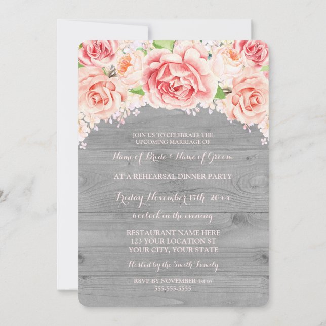 Invitation Soirée de répétition en bois rose floral gris (Dos)