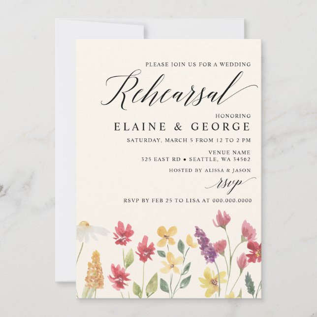 Invitation Soirée de répétition Fleur sauvage Elegant Boho (Devant)