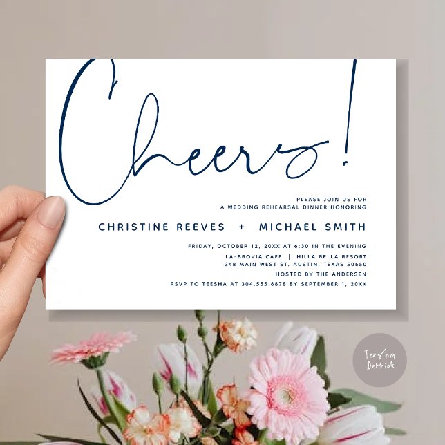 Invitation Soirée de répétition Mariage (Cheers, Wedding Rehearsal Dinner Invitation Card, PDF, Modern Minimalist, in Navy Blue)