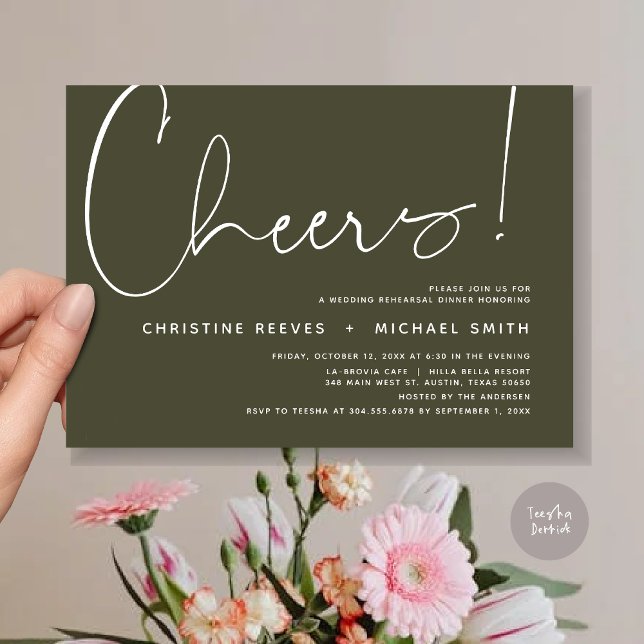Invitation Soirée de répétition Mariage (Cheers, Wedding Rehearsal Dinner Invitation Card, PDF, Modern Minimalist, in Olive Green)