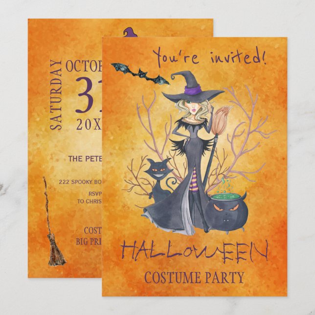 Invitation Soirée de sorcière tendance Halloween aquarelle (Devant / Derrière)
