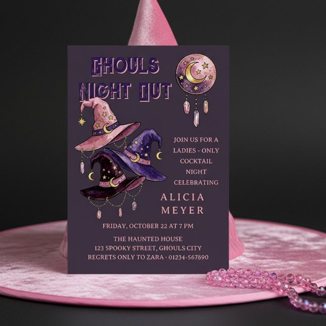 Invitation Soirée de sorcières Halloween (Ghouls Night Out halloween invite with celestial witches hats by Darling & May (printed or digital))