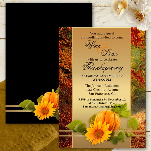 Invitation Soirée de Thanksgiving ou soirée d'automne (Festive Thanksgiving or Fall Celebration dinner party invitation featuring a pumpkin and sunflower )