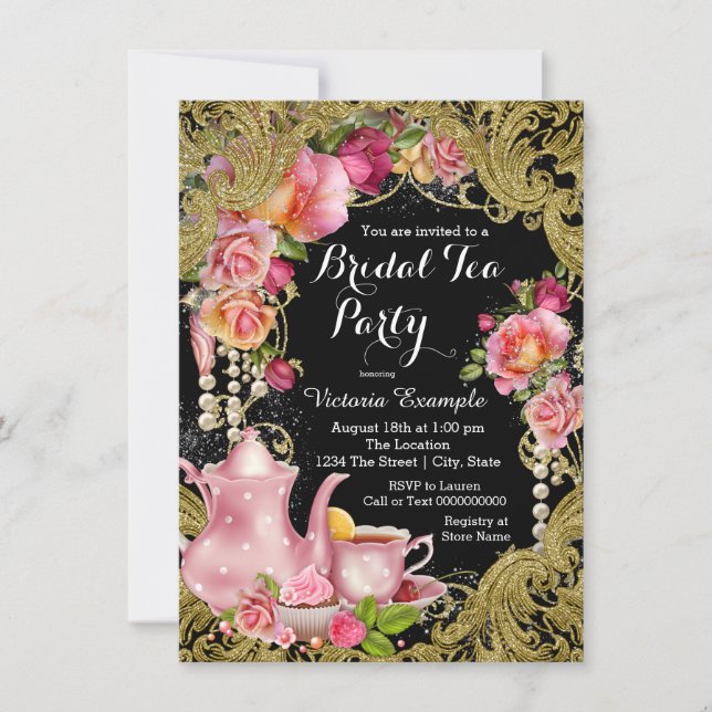 Invitation Soirée de thé de la mariée noire et or (Devant)