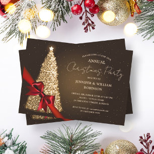 Invitation Soirée de vacances Elegant Gold Xmas Tree Ribbon