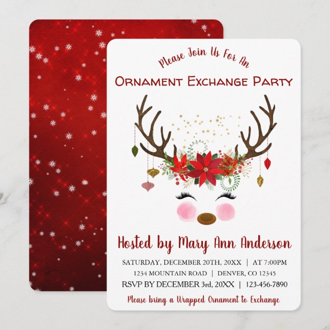 Invitation Soirée d'échange d'ornement de Noël de Cute Reinde (Devant / Derrière)
