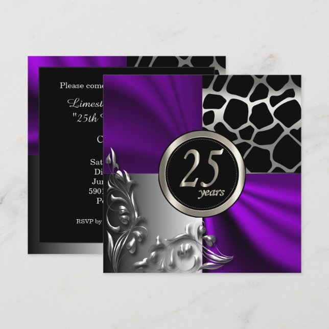 Invitation Soirée des 25 ans Purple Satin & Silver (Devant / Derrière)