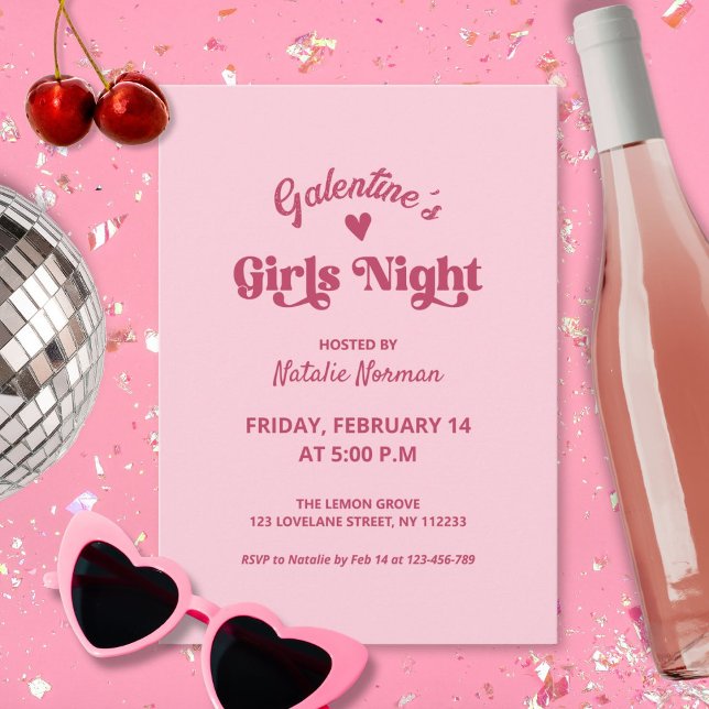 Invitation Soirée des filles de la Saint-Galentin rose (galentines day girls night out pink girly retro invitation )